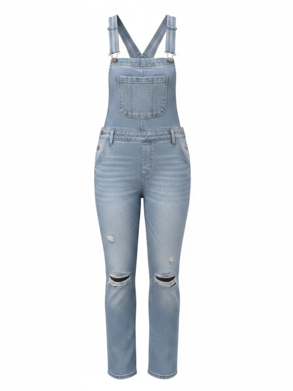 Pink Lily Light Blue Denim Overalls with Distressed Knees - SKU 1144